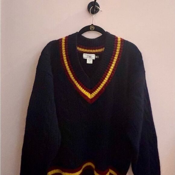 Deadstock 1990s GAP Cable Knit Cricket Sweater Navy Yellow Red Tags M - Picture 10 of 11